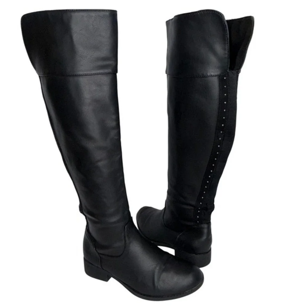 Primark Black Knee‑High Studded Womens Equestrian Riding‎ Boots 6 Biker Y2K Goth